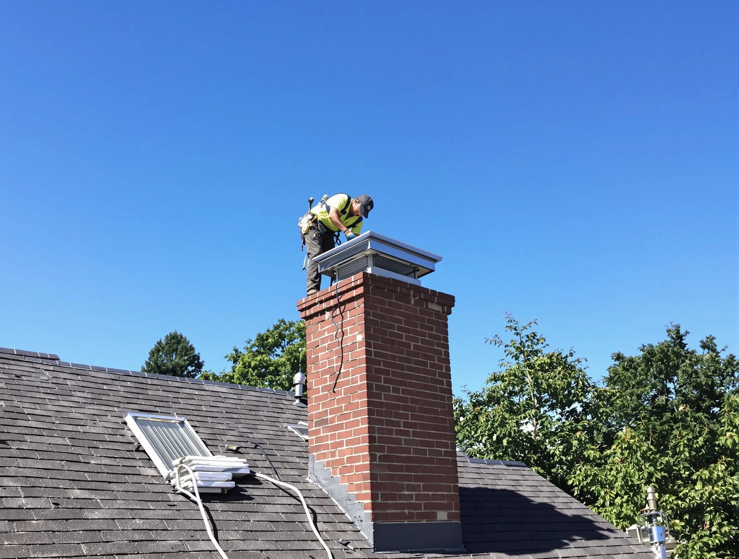 Lakewood Chimney Sweep technician measuring a chimney cap in Lakewood, CO